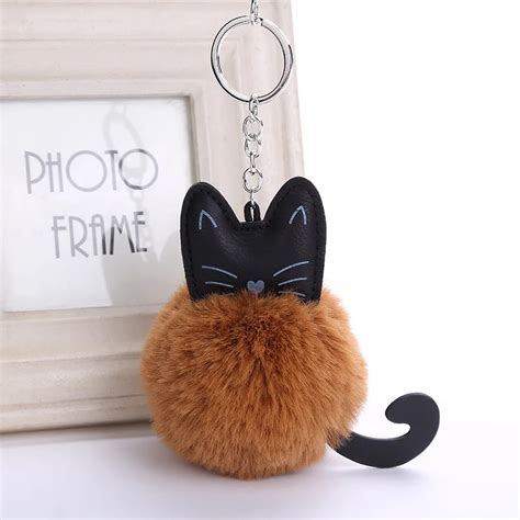 Cute Cat Fluffy Key Chain Leather Pompom Keychain Faux Rabbit Fur Ball