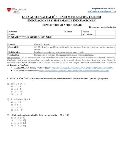 Pdf Gu A Autoevaluaci N Junio Matem Tica Medio Inecuaciones Y