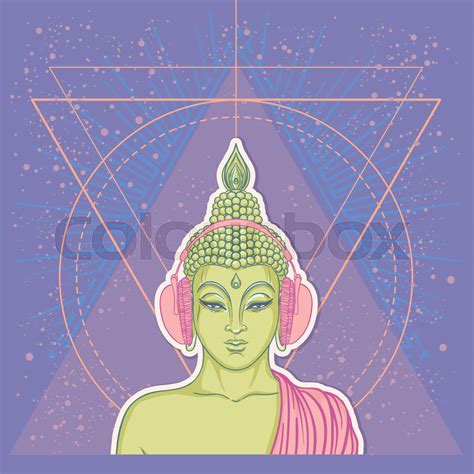 Modern Buddha listening to the music in headphones. Vector illustration ...