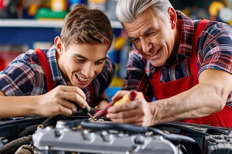 Premium Photo A Father And Son Repairing A Car Engine In The Garage