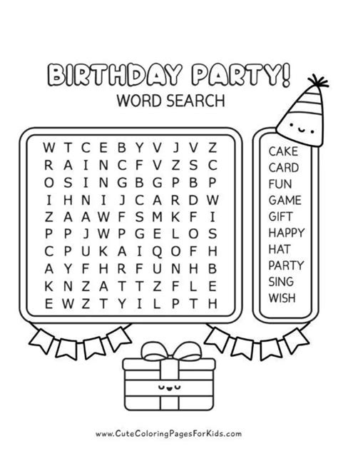 The Birthday Party Word Search Is Shown In Black And White With