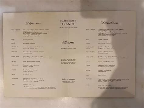 ANCIEN MENU PAQUEBOT FRANCE CGT Jean A MERCIER DE NERVAL 15 08 1969