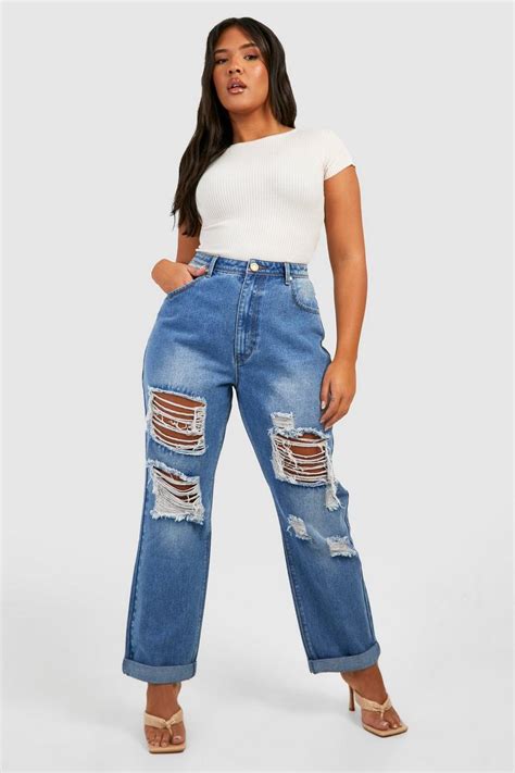 Plus All Over Ripped Mom Jeans Boohoo Uk