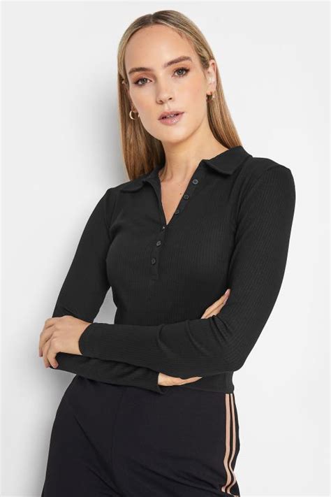 Lts Tall Black Ribbed Button Detail Collared Top Long Tall Sally