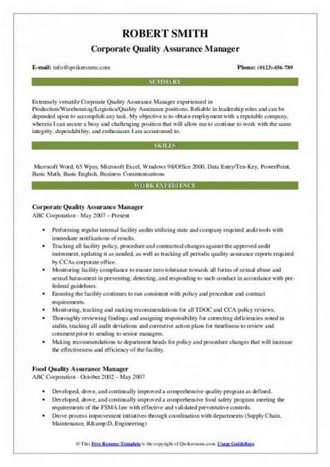 Quality Assurance Manager Resume Samples Qwikresume Quality Control Job Description Template And