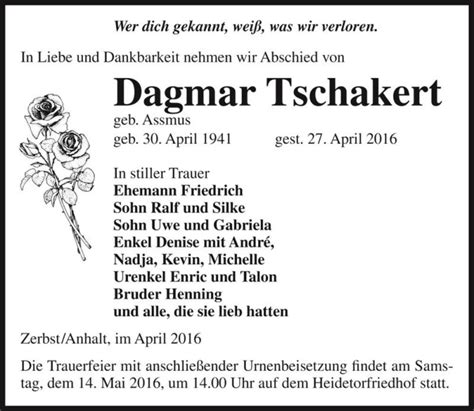 Traueranzeigen Von Dagmar Tschakert Geb Assmus Abschied Nehmen De