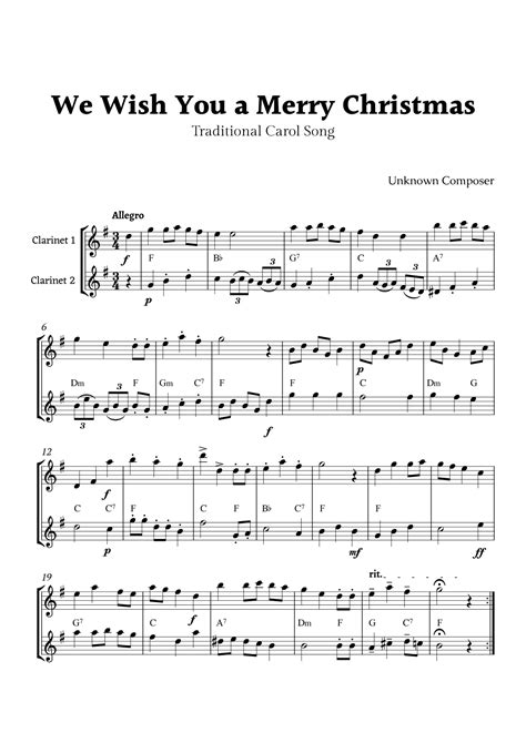 We Wish You A Merry Christmas For Clarinet Duet With Chords Arr Rika