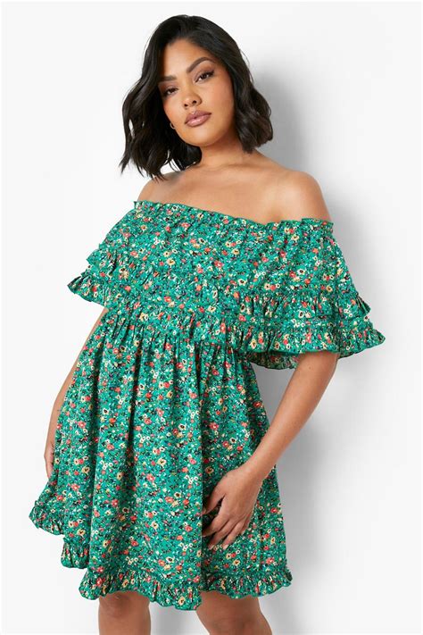 Plus Floral Off The Shoulder Skater Dress Boohoo Uk