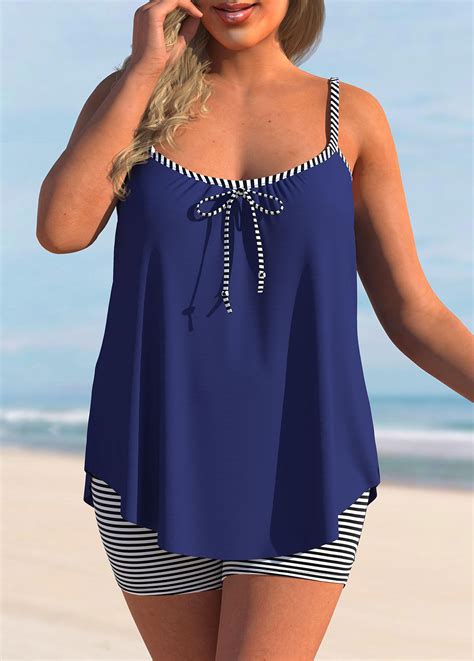 Rotita Navy Blue Striped Bowknot Plus Size Tankini Set Rotita