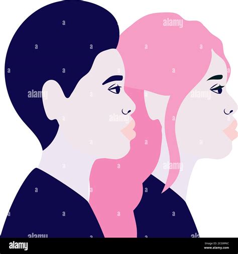 Woman And Man Cartoon In Side View In Blue And Pink Colors Vector