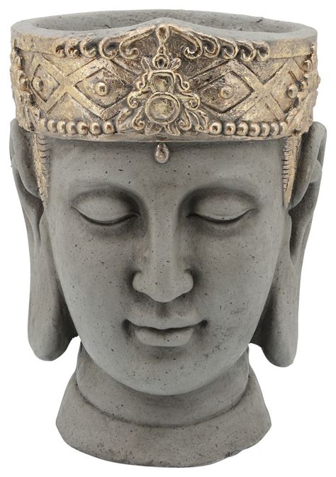 Resin Buddha Head Planter With Crown Gray Asian Indoor Pots