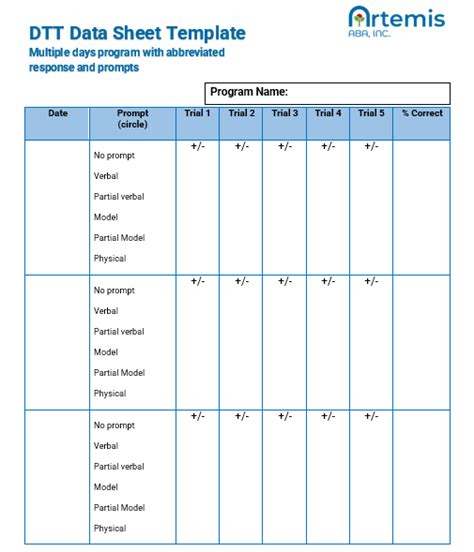 Free ABA Discrete Trial Training Data Sheets Artemis ABA