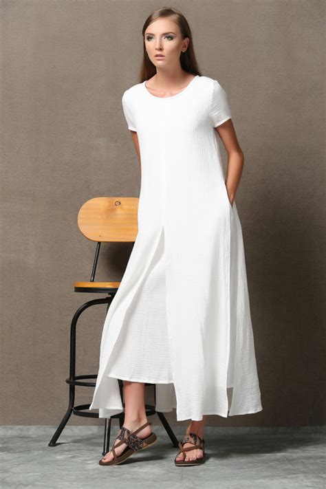 Short Sleeve White Maxi Linen Dress For Women Summer Cotton Etsy