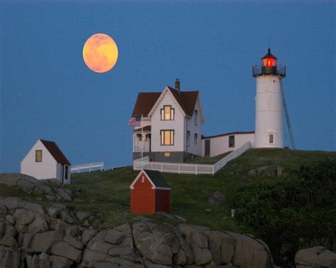 Maine Lighthouse and Full Moon, Lighthouse Photo, Coastal Maine Scenic ...