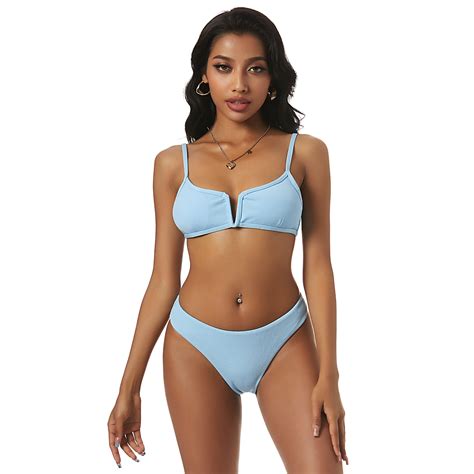 Zaful Women Swimsuit Ribbed V Cut Bikini Set Light Sky Blue S Walmart