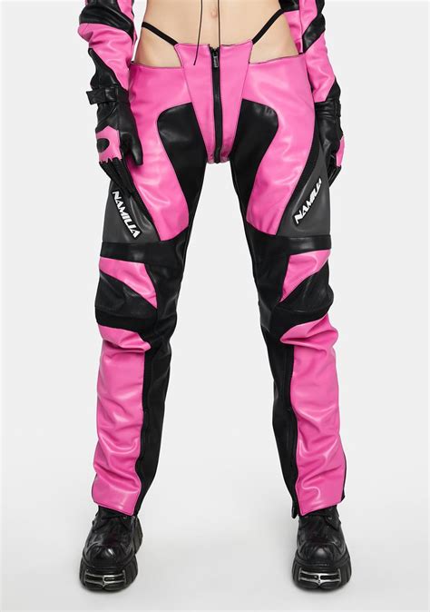 Namilia Thong Cut Out Moto Pants Pink Black Dolls Kill