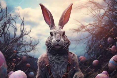 Free Photo Easter Bunny On Forest Background With Eggs