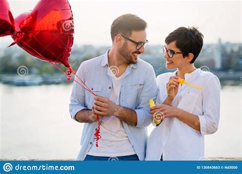 Smiling Couple In Love With Balloons On Sunset Stock Image Image Of