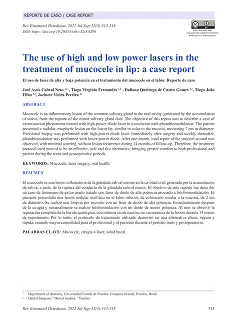 PDF The Use Of High And Low Power Lasers In The Treatment Of Mucocele