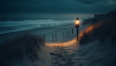 Uma cena de praia uma lanterna na areia Foto Grátis