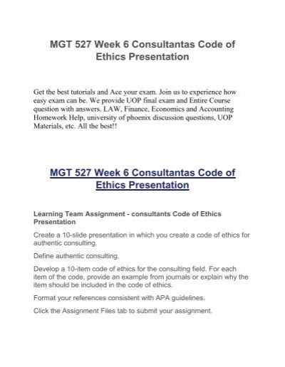 Mgt Week Consultantas Code Of Ethics Presentation Uop Homework