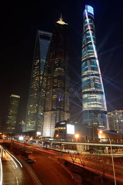 shanghai skyscrapers  night editorial photo image  illuminated