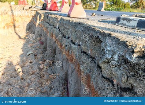 Side Of The Broken Asphalt Road Collapsed And Fallen Road Collapses