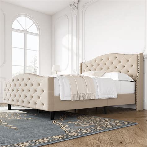 KTENME Tufted Upholstered Platform Queen Bed Frame With Headboard And