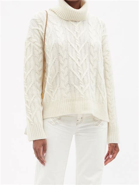 White Gigi Cashmere Cable Knit Roll Neck Sweater Nili Lotan