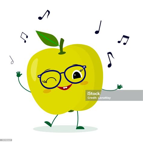 Kawaii Cute Green Apple Fruit Cartoon Character In Glasses Dances To Music Logo Template Design