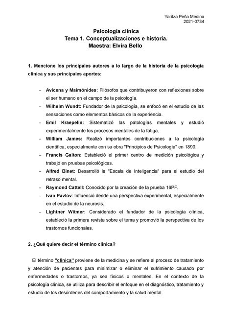 Cuestionario Tema 1 Clinica 2021 Psicología Clínica Tema 1 Conceptualizaciones E Historia