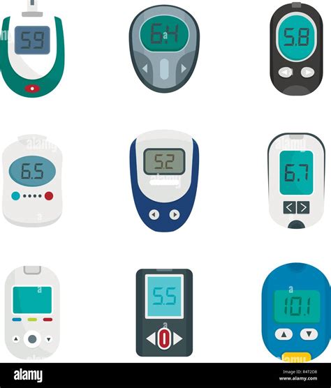 Glucose Meter Sugar Blood Test Device Icons Set Flat Illustration Of