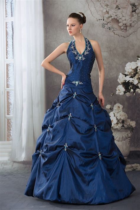 Gorgeous Ball Gown Halter Corset Crystal Beaded Royal Blue Taffeta Prom