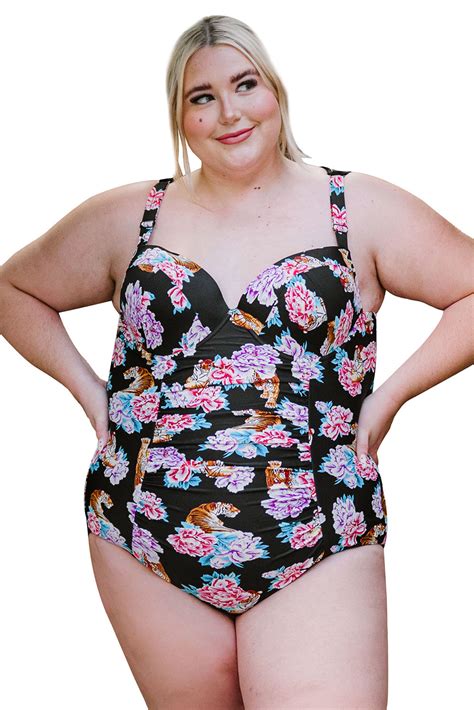 Womens Floral Tiger Print Push Up Plus Size One Piece Swimsuit Pinkqueenshop