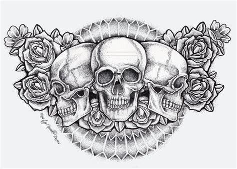 Dot Skull And Roses Chest Piece Tattoo Finished On