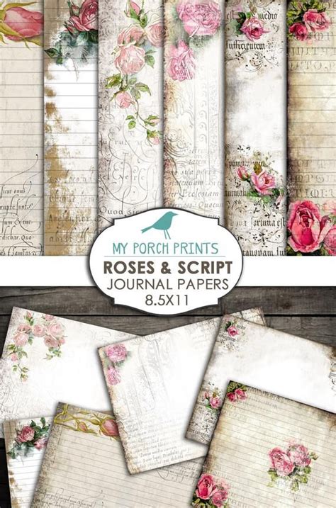 Roses And Script Journal Pages Printable Paper Junk Journal Kit