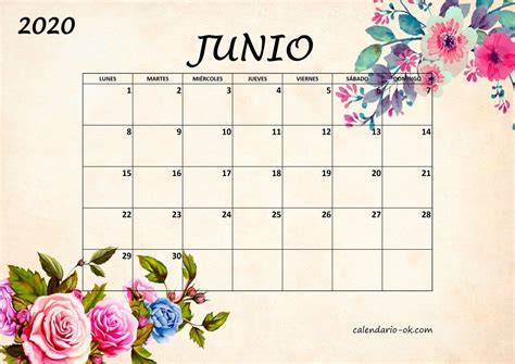 Plantilla Junio 2020 Bonito Con Flores Calendario Junio Calendario Junio