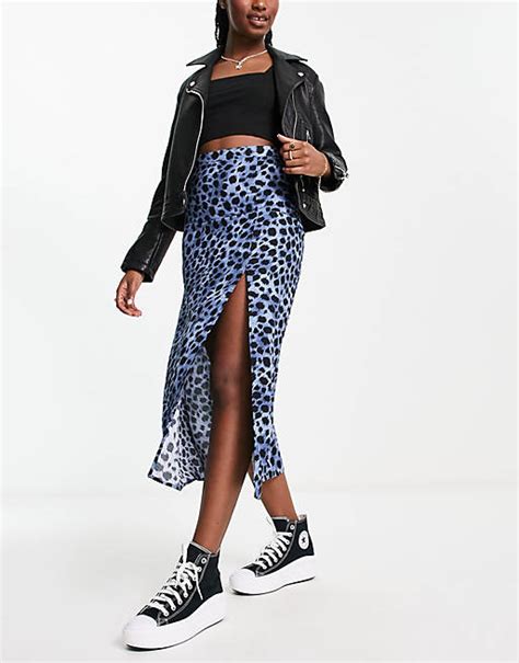 Asos Design Midi Slip Skirt With Thigh Split In Dark Blue Leopard Print Asos