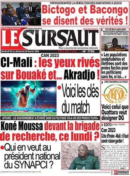 Titrologie de Le Sursaut N1750 du vendredi 2 février 2024 Abidjan