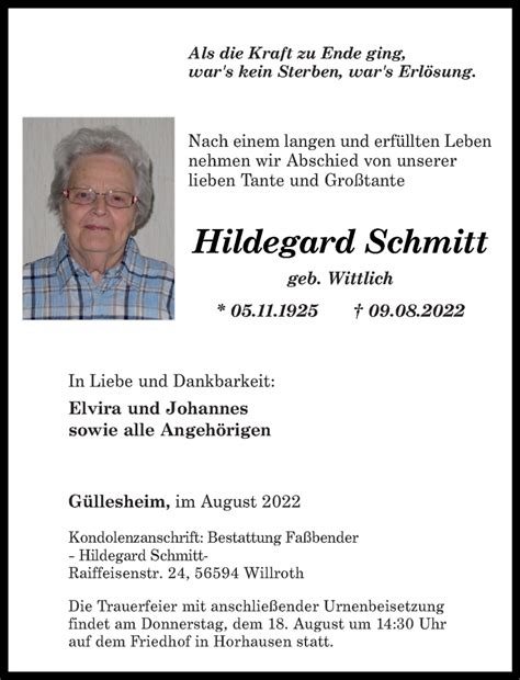 Traueranzeigen Von Hildegard Schmitt Rz Trauer De