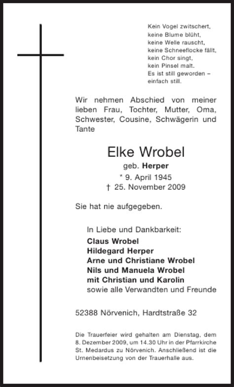 Traueranzeigen Von Elke Wrobel Aachen Gedenkt