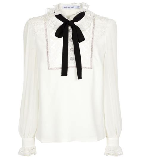 Self Portrait Pussy Bow Embellished Lace Trimmed Crepe Blouse In White