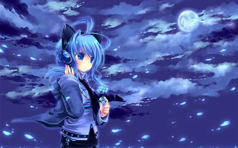 Anime Girl Moon Blue Hair Headphones Clouds Mood Para Motorola