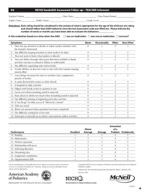 Fillable Online Nichq Vanderbilt Assessment Follow Up Teacher Fax