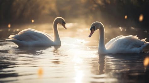 Dos Cisnes Nadan En Un Lago Con El Sol Brillando Sobre El Agua Foto