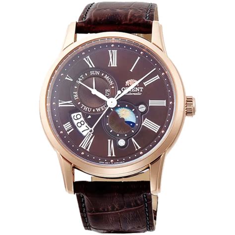 Orient Bambino Sun Moon Mechanical Brown Dial Brown Leather Strap Men