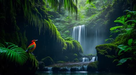 Tropical Rainforest With Waterfall And Birds In The Jungle Generative