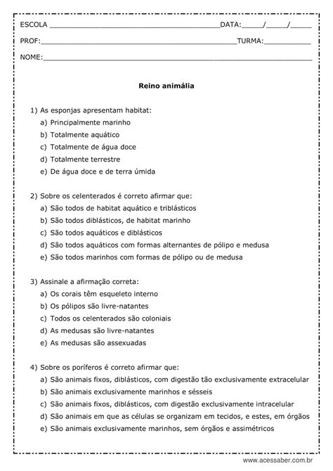 Exercícios Sobre Reino Animal 7 Ano Com Gabarito