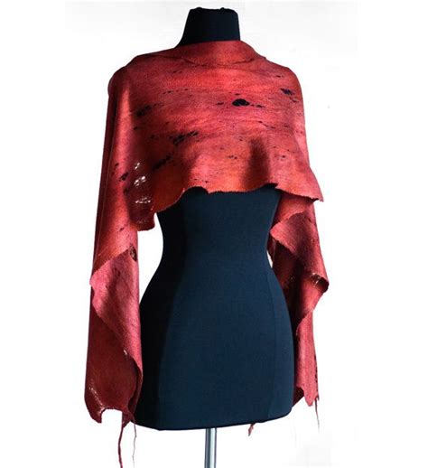 Red Felted Scarf Cobweb Felt Autumn Hand Dyed By Parvana Gift Under