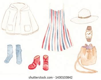 Watercolor Hand Drawing Sketch Fashion Outfit Stock Illustration